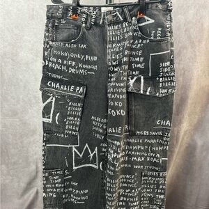 H&M Black and White Text Print Relaxed Jeans
